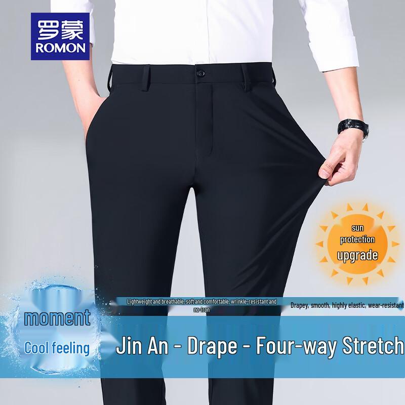 ROMON Men s Summer Ice Silk Straight-Leg Business Casual Trousers 34