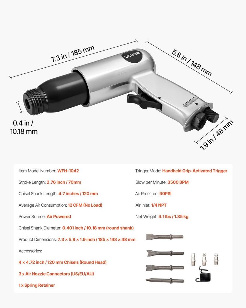 Martelete Pneumático, Martelo Pneumático 3500BPM com Curso de 70mm e 4 Peças de Talhadeiras Haste Redonda, Compacto com Empunhadura de Pistola Cinzel Pneumático Ferramenta Pá Pneumática para Corte