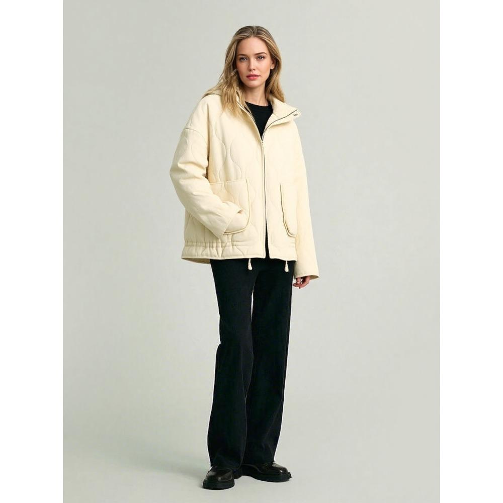Chaqueta Acolchada Corta para Mujer con Cuello Alto, Manga Larga, Corte Holgado, Estilo Urbano, Cremallera Frontal, Ropa de Abrigo Informal