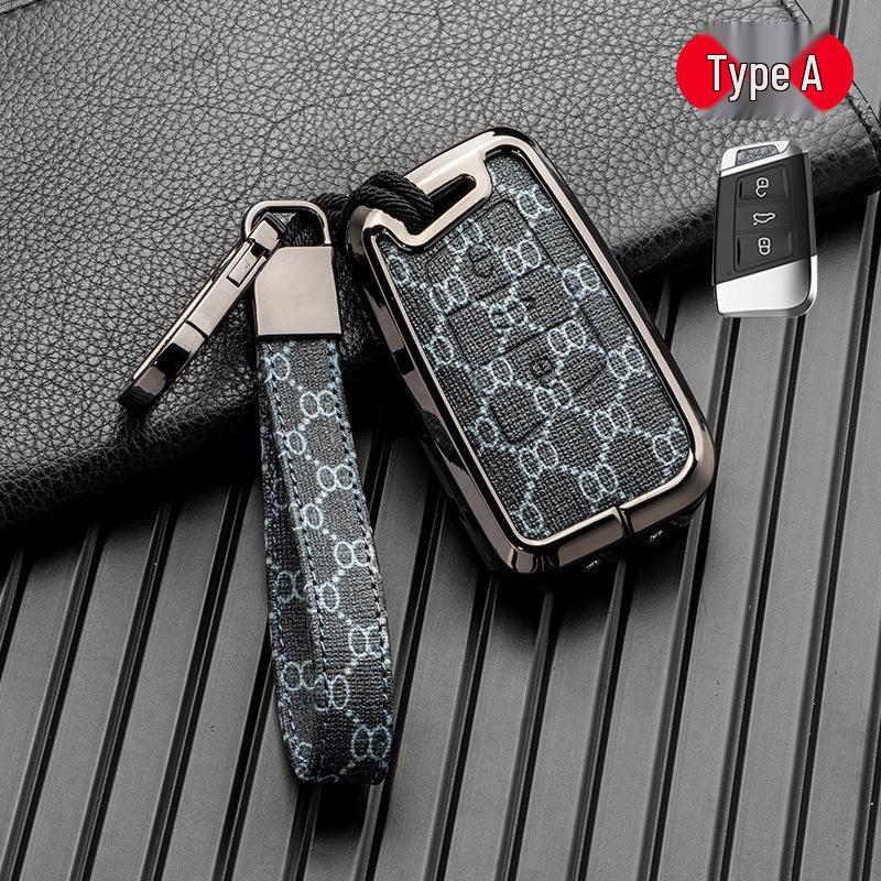 Volkswagen/Skoda Double-Sided Leather Zinc Alloy Car Key Case - Non-Signal Blocking, Full-Wrap Design