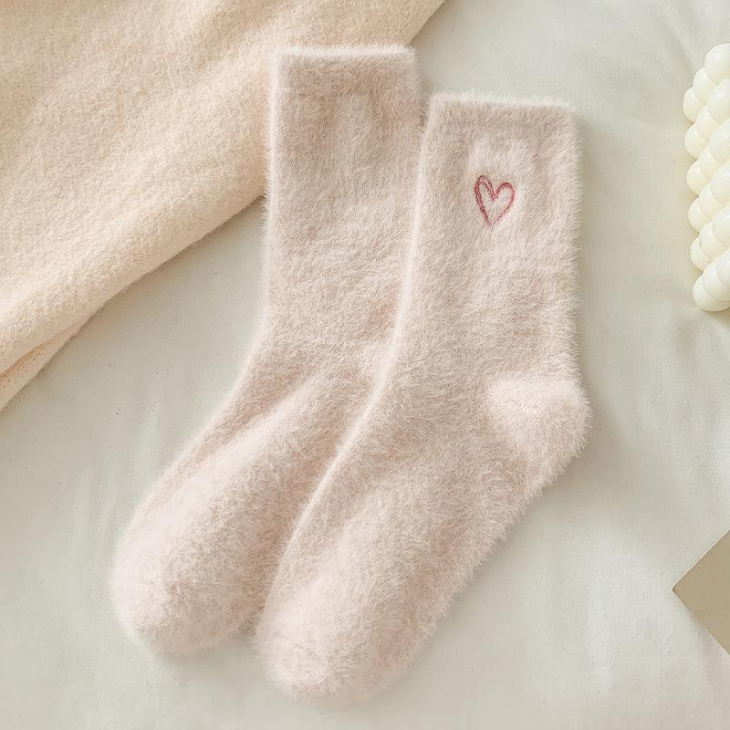 Female Autumn and Winter Warm and Thick Love Embroidered Sleeping Floor In Tube Socks