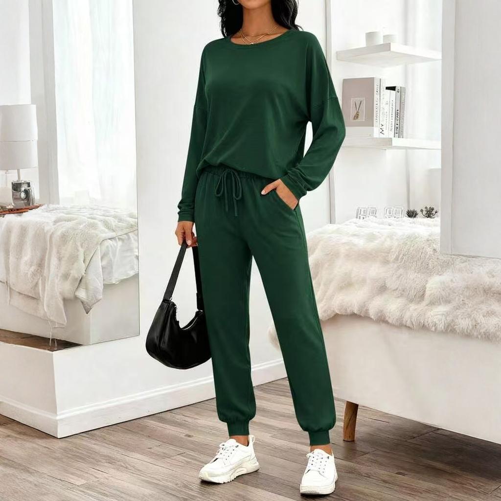 Damen Zweiteiler Langarm-Oberteil und Hose mit Kordelzug Lässiges Lounge-Outfit Weicher Stoff Lockere Passform für den täglichen Gebrauch