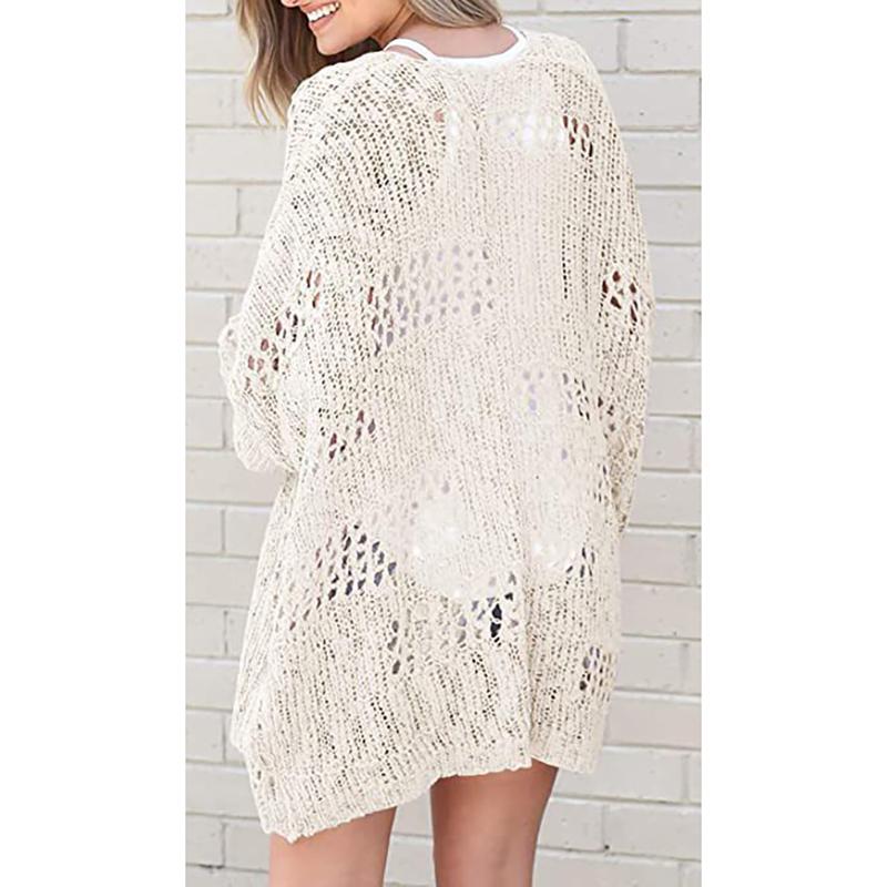 Women Knit Sweater Cardigan Beach Full Sleeve Hollow Out Jumper Straight Solid Casual Elegant Coat Knitted Outwear