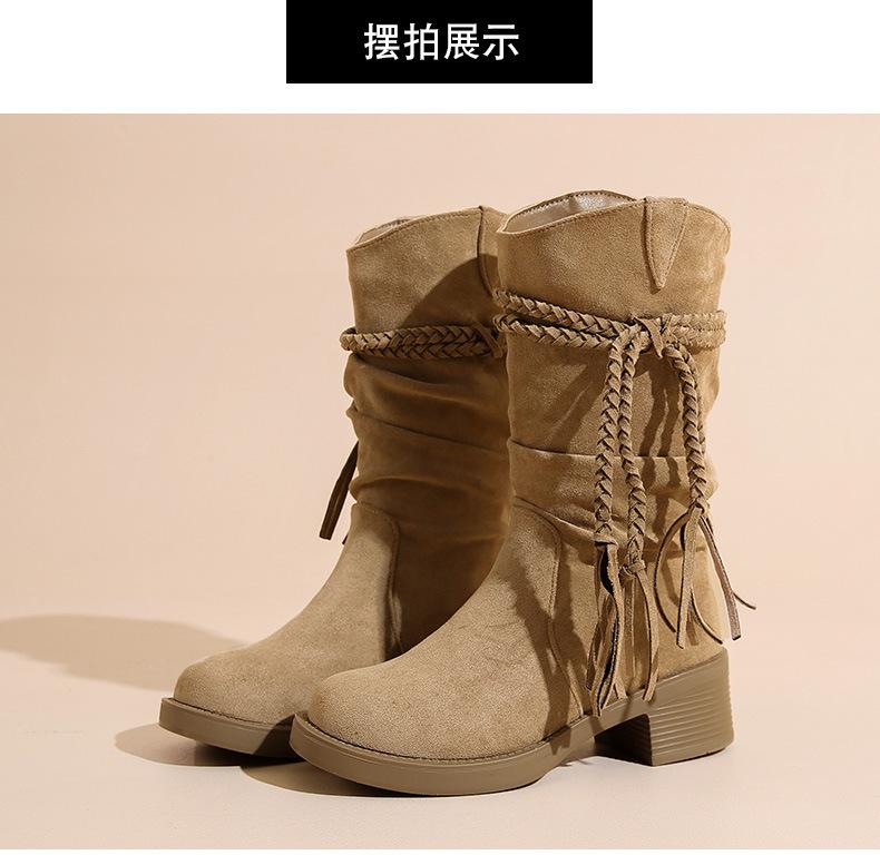 Cowhide Version~ Retro Wasteland Fringed Knight Boots Thick Heel But Knee Long Boots Slim Pile Medium Boots Women