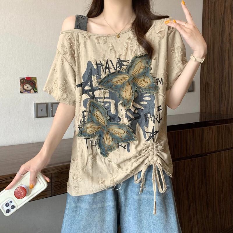 La Chapelle Damen Sommer One-Shoulder Schmetterlings-Cutout Kurzarm T-Shirt