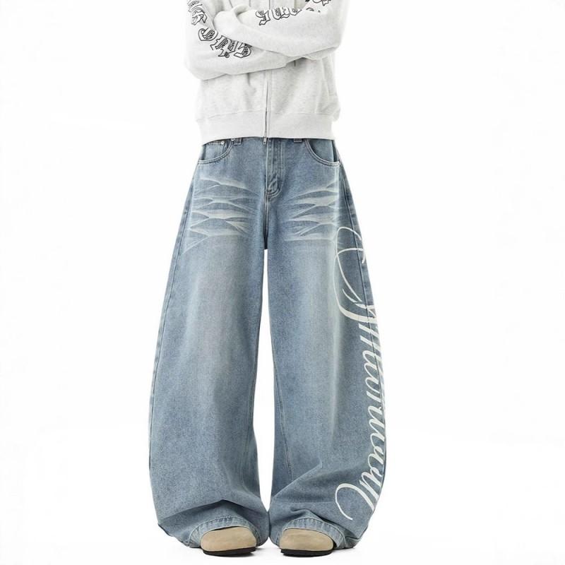 Vintage Washed Distressed Printed Jeans Men Women Loose Wide Leg Dropped Streetwear