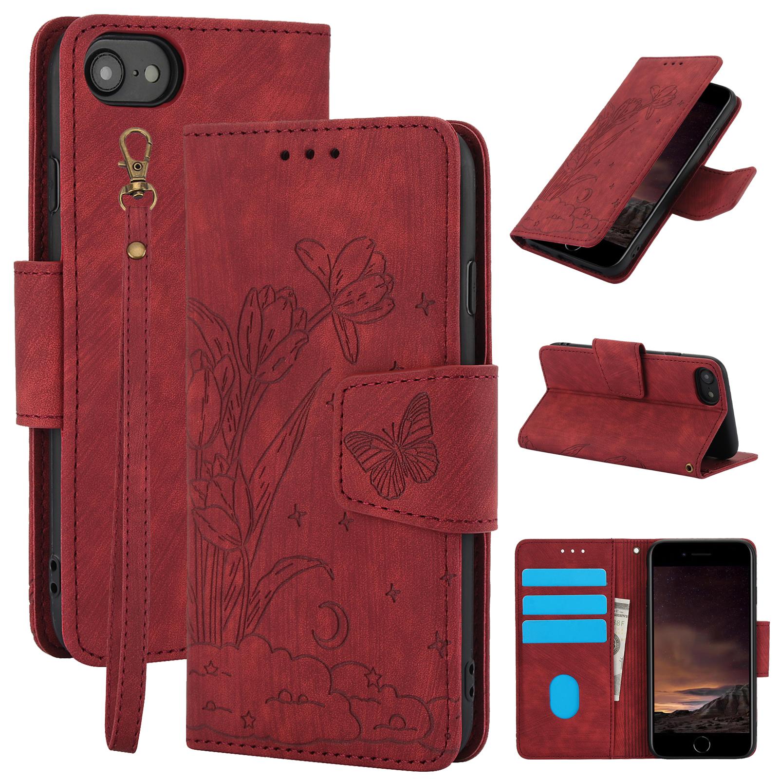 

SY-001 For iPhone 16e Case Butterfly Flower Anti-Scratch Leather Phone Cover Red
