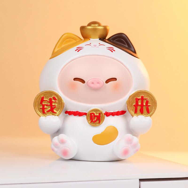Cat Decor Resin Figurine With Wealth Symbols For Home Office Gift Ideas