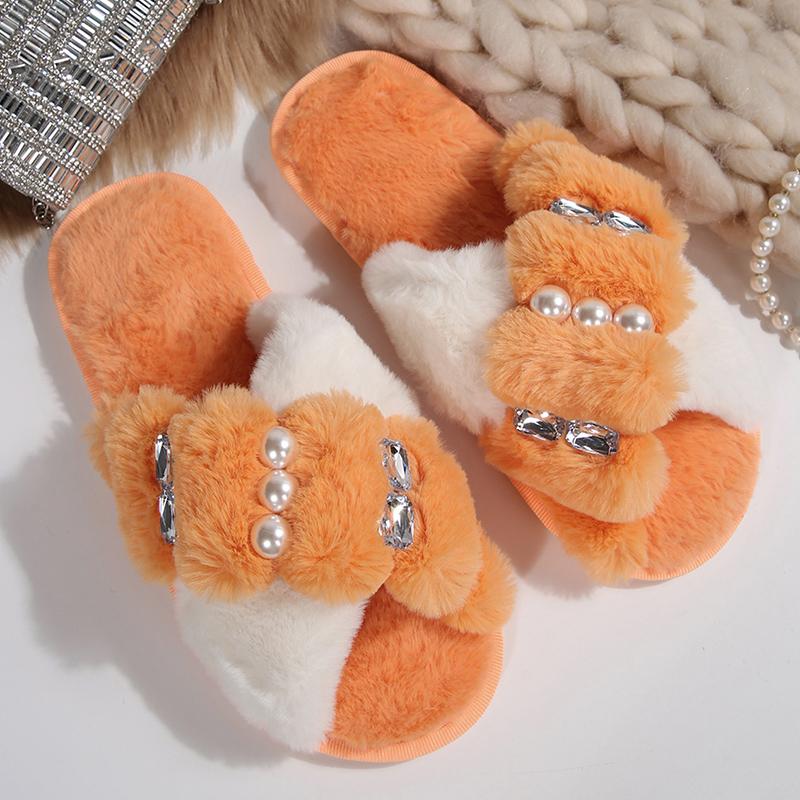 Fashion Pearls Crystal Plush Slippers Women Fashion Cross Band Slip On Cotton Slippers Woman Winter Faux Fur Warm Slides Female Comfort
