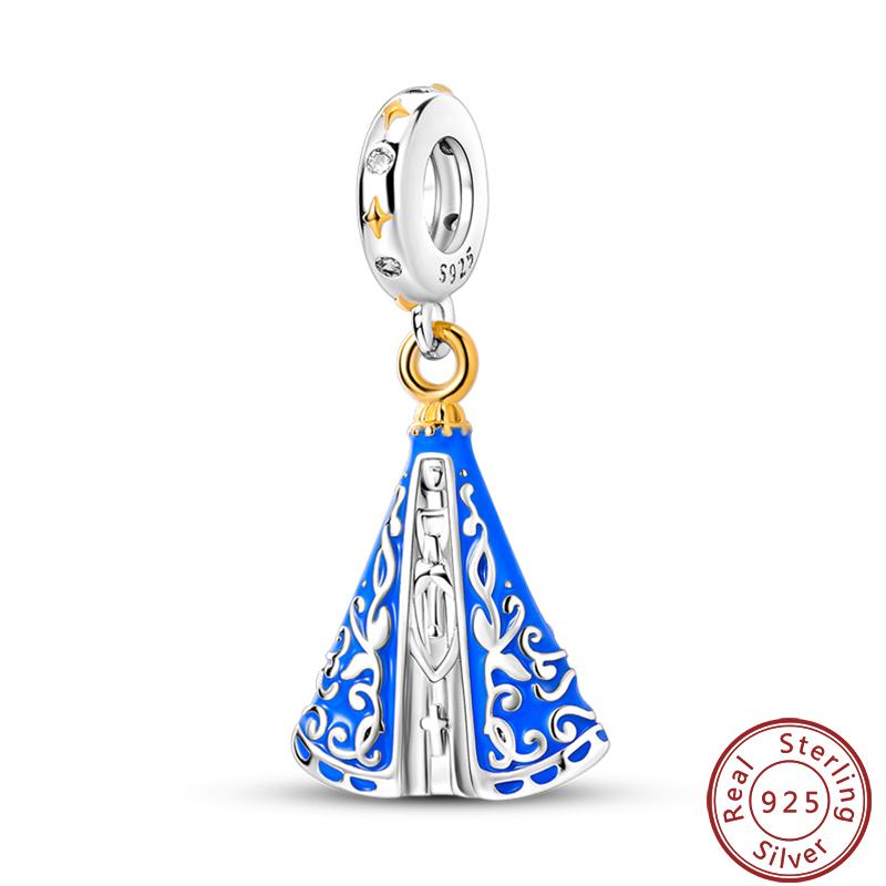 925 Silver Virgin Mary Deep Blue Golden Goddess Beautiful Blessing Charms Beads 3mm DIY Fine Jewelry Making