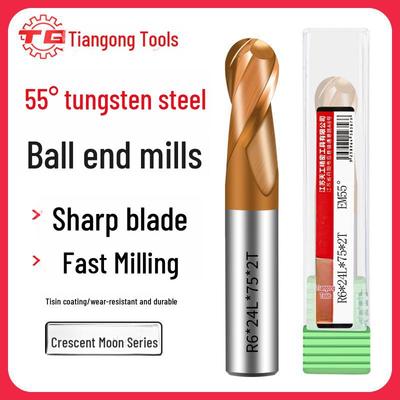 Tiangong 55° Tungsten Steel Two-Edge Coated Ball End Mill for Stainless Steel