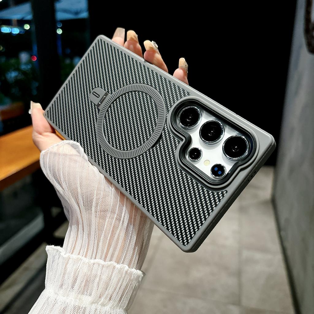 Carcasă telefon magnetică din piele cu fibră de carbon pentru S24 Ultra, cu suport inel, pentru Samsung Galaxy S24 Ultra, carcasă dură din plastic