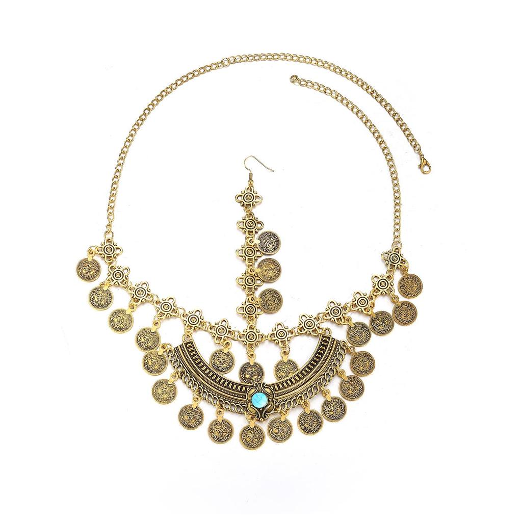 Bohemian Exotic Rhinestone Tassel Necklace & Earrings Set In Antiqued Alloy