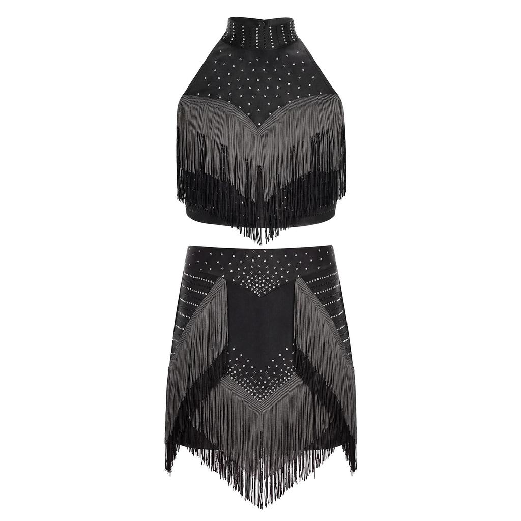 Meisjes Glanzende Tassel Crop Top Halter Mouwloos Backless Ontwerp Ingebouwde Korte Broek Rok Latijnse Wedstrijd Set