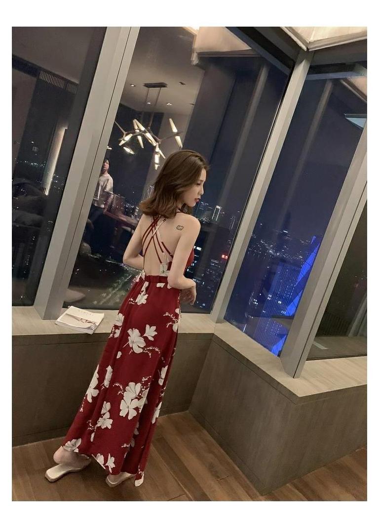 2020 Summer Korean Midi Backless Spaghetti Strap Beach Dress