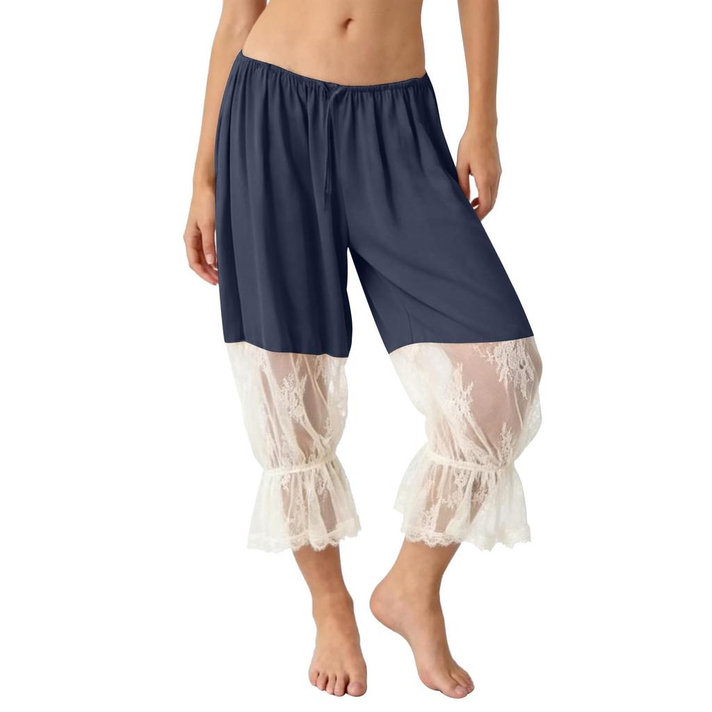 Women Ruffle Lace Trim Capris Low Cropped Pants Vintage Casual Pantaloons Pant
