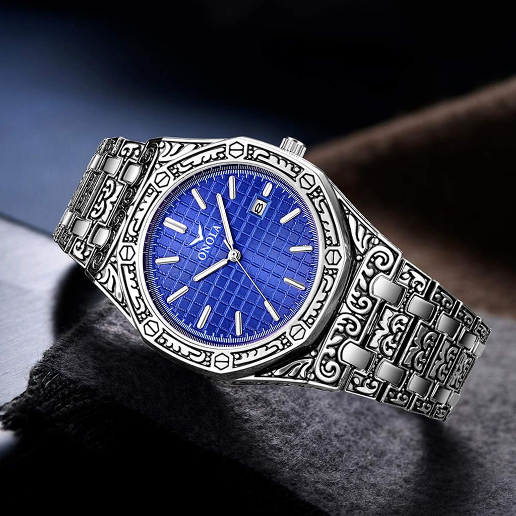 RORIOS Stylish Engraving Process Classic Retro Date Waterproof Stainless Steel Band Quartz Watch Analog Business Watch Popular Commuter Watch for men