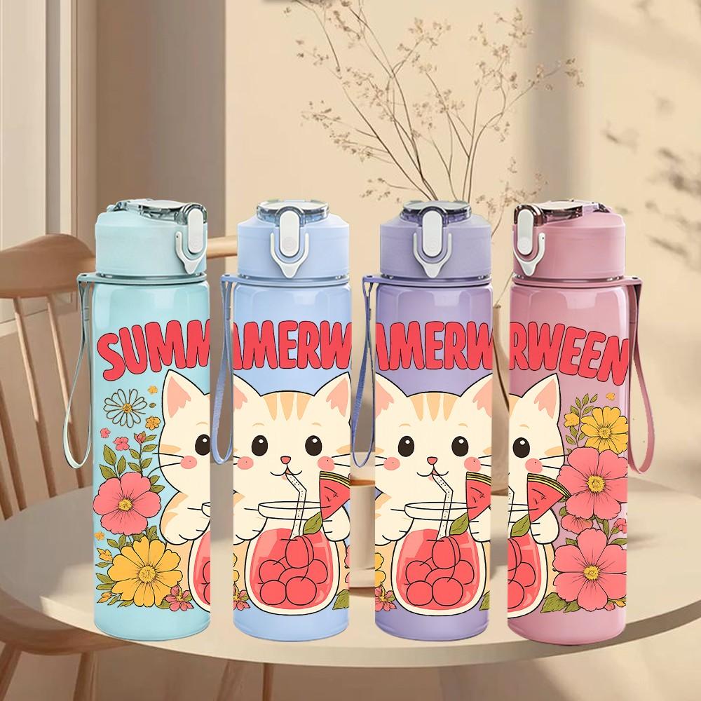 1PC Summerween Floral Cat 750ml Color Plastic Sports Water Bottle Leakproof Flip Straw Lid Suitable for Sports Office Home Use