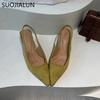 Fashion SUOJIALUN 2024 Autumn Women Sandal Shoes Fashion Pointed Toe Shallow Slip On Slingback Sandal Thin Med Heel Ladies Elegant Pumps