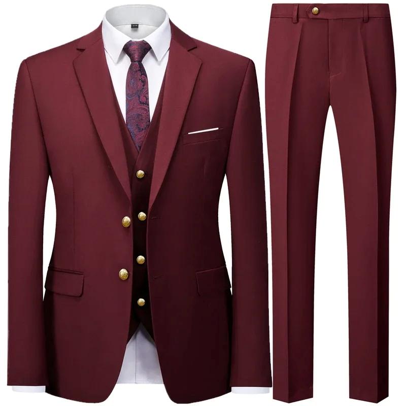 3 Pieces Men Business Suits Sets / Male Groom Wedding Banquet Solid Color High End Large Size Brand Blazers Jacket Coat