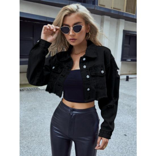 

GMXIA Однотонный принт с длинным рукавом и воротником-поло для женщин, повседневные универсальные короткие модные джинсовые короткие куртки и пальто XS