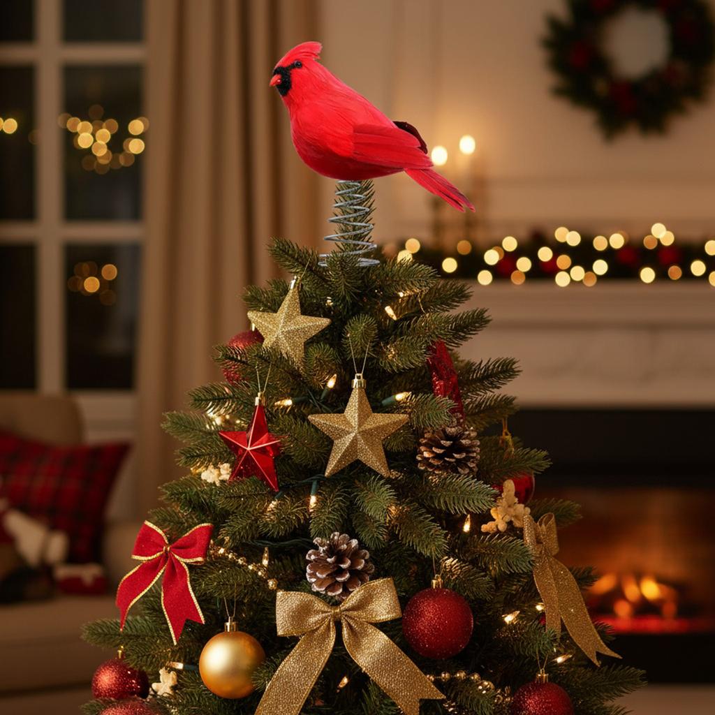 Red Cardinal Holiday Tree Decoration with Metal Spring Base Christmas Peacock Tree Topper 9.8inch for Indoor Outdoor Party Decor