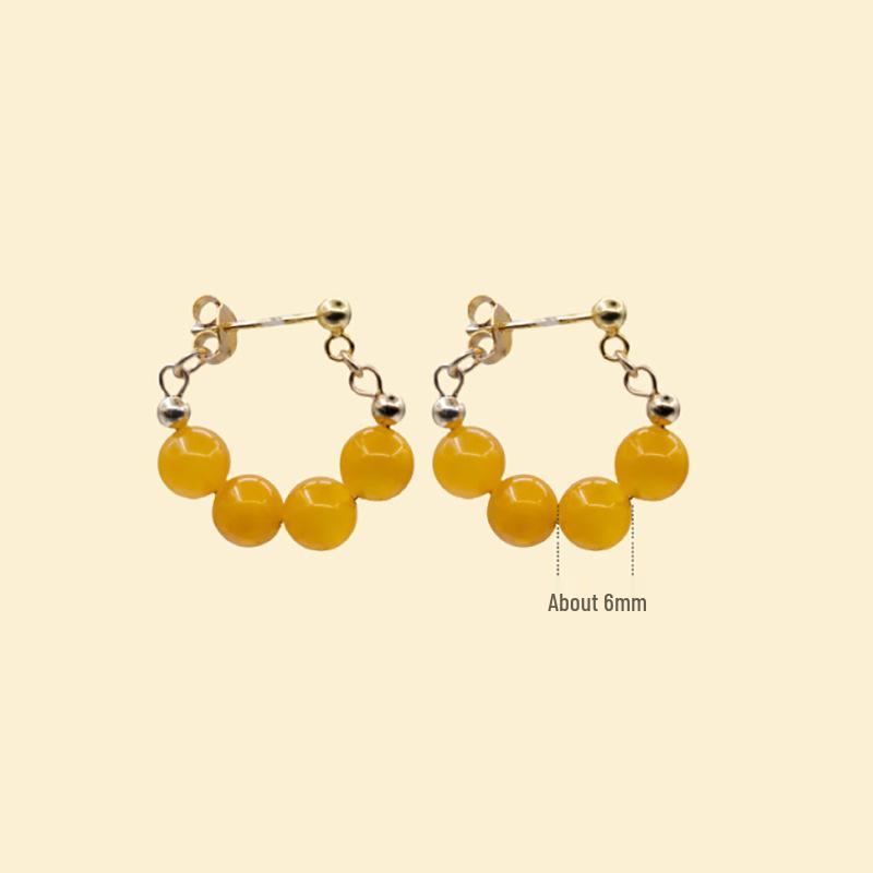 Natural Beeswax Chinese-Style Sterling Silver Yellow Amber Hoop Earrings