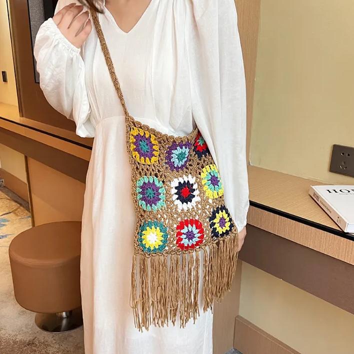 

WTEMPO Ethnic Style Hollow-out Woven Retro Casual Versatile Single Shoulder Bags Large Capacity Women s Travel Shopping Message Bags 1pc хаки