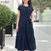 ZANZEA Women Casual Round Neck Solid Color Summer Short Sleeve Dress