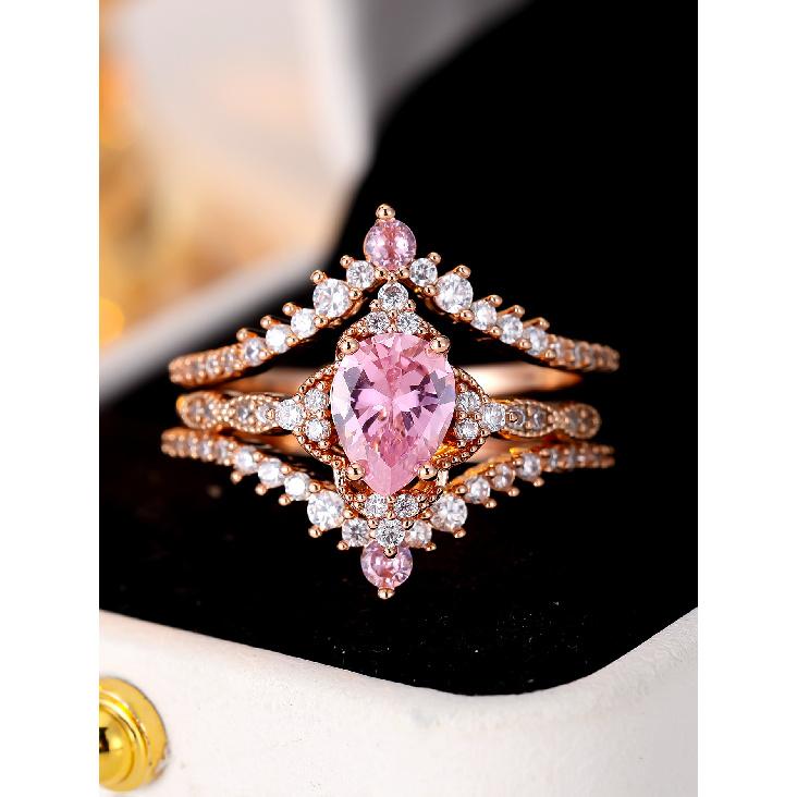 Gentle Ins Wind Cherry Blossom Pink Cubic Zirconia Ring Set Versatile Multi-layered Ring Set with Delicate, Small Diamond Accents