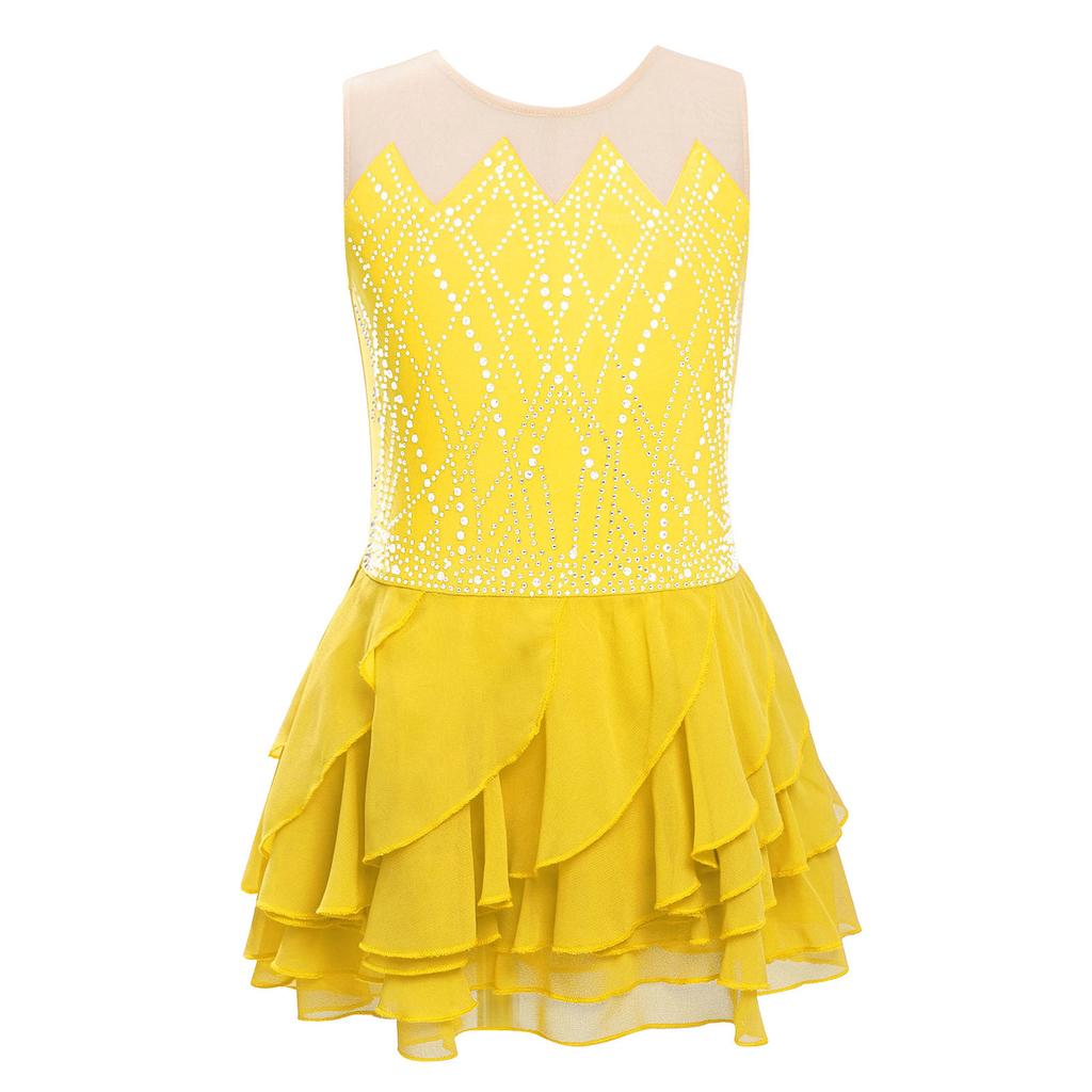 Rochie Patinaj Artistic Fete Gât Rotund Fără Mâneci Strassuri Strălucitoare Fustă Volanată Stratificată Costum de Dans pentru Competiție