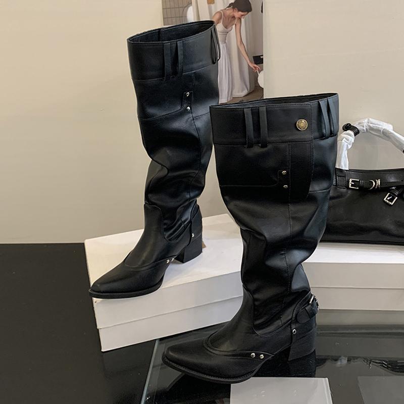 Mode Liyke Herbst Winter Neuer Stil Knopfriemen Kniehohe Stiefel Frau Vintage Spitzschuh Niedrige Dicke Absätze Schuhe Weibliche Lange Stiefeletten