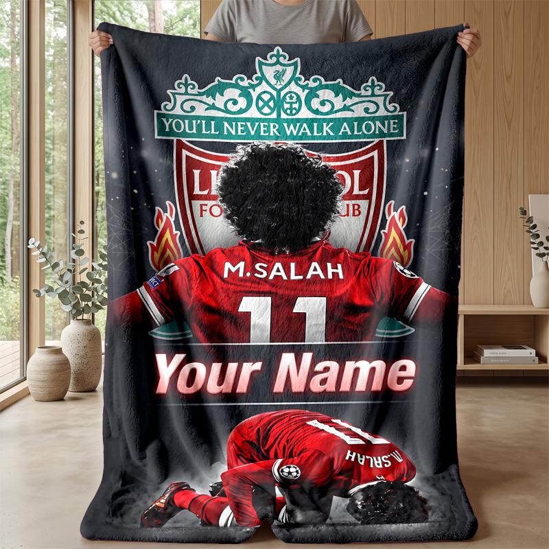 Custom Text Flannel Throw Blanket, Lightweight Cozy Bed Sofa BlanketMohamed Salah