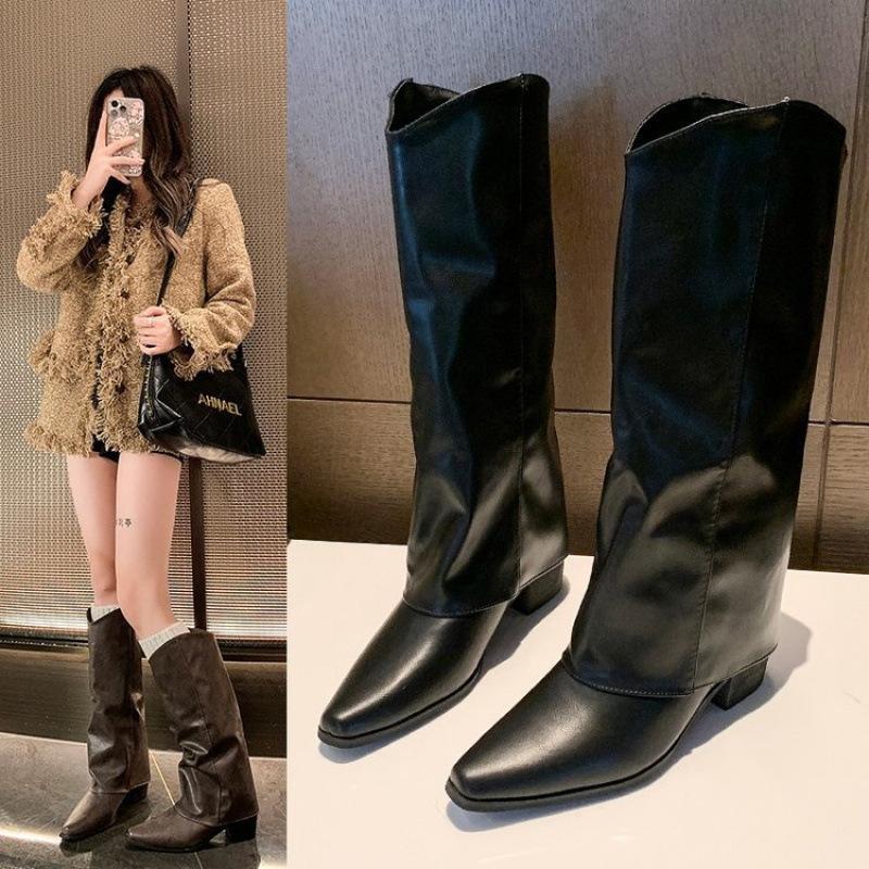 But knee height increase thick heel pointed boots women's fake trouser legs Spice girl fried street trouser tube boots