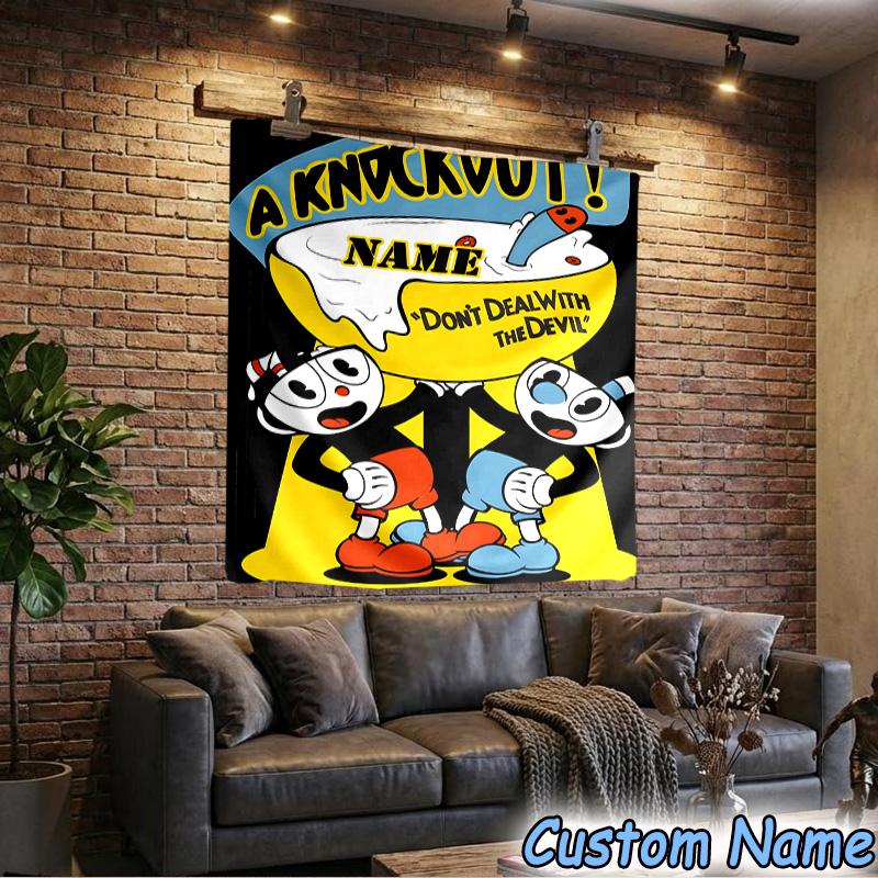 Custom Name Tapestry Cuphead Tapestry, Unique Design Tapestry, Suitable for Bedroom,Livingroom, Playroom,Heartwarming Fan Holiday Gifts