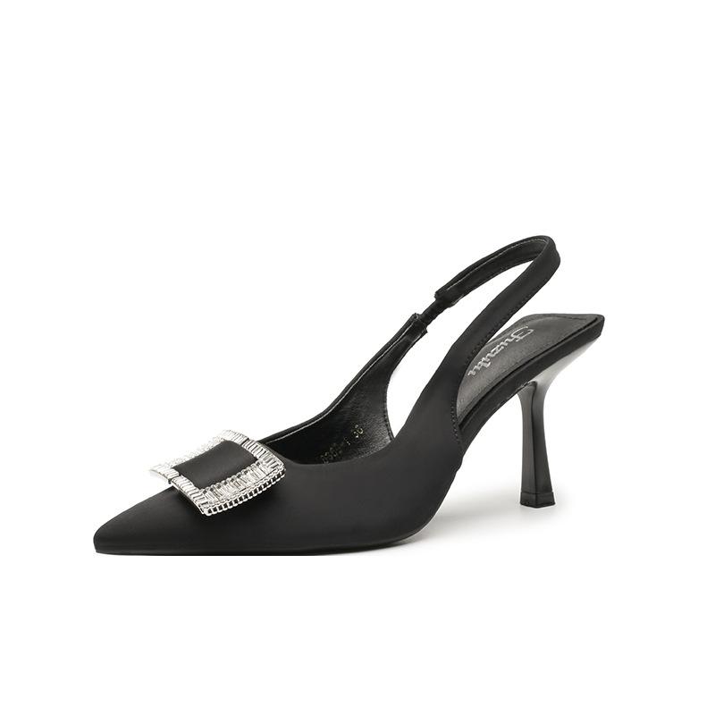 Black Bag Head Sandals Women's 2025 New Rhinestone Pointed Heel Back Strap 100 Matching Skirt Rear Empty High Heels