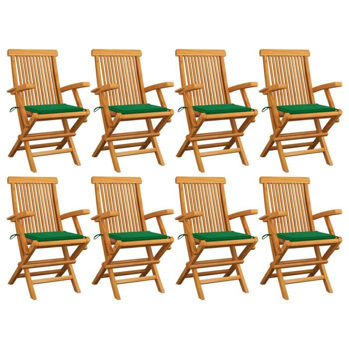 Chaises de jardin - MAISON EXCLUSIVE - Lot de 8 - Bois teck massif - Pliantes - Coussins verts