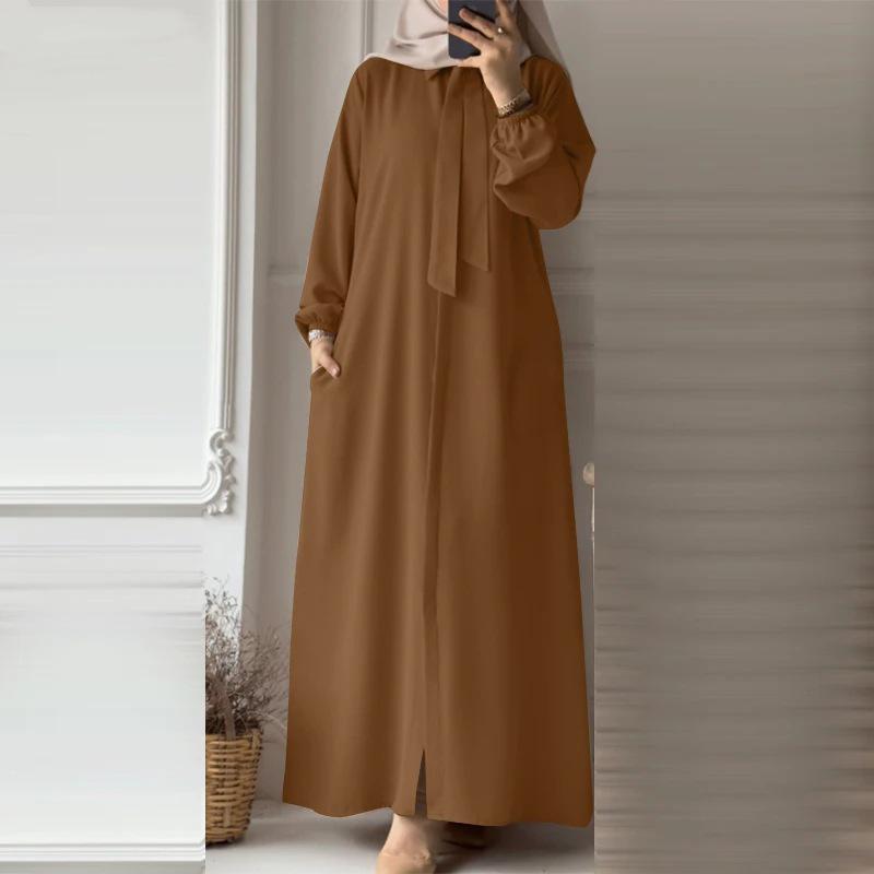 

Мусульманское женское однотонное платье-рубашка с лацканами и бантом, с длинными рукавами и карманами, с кардиганом XXL