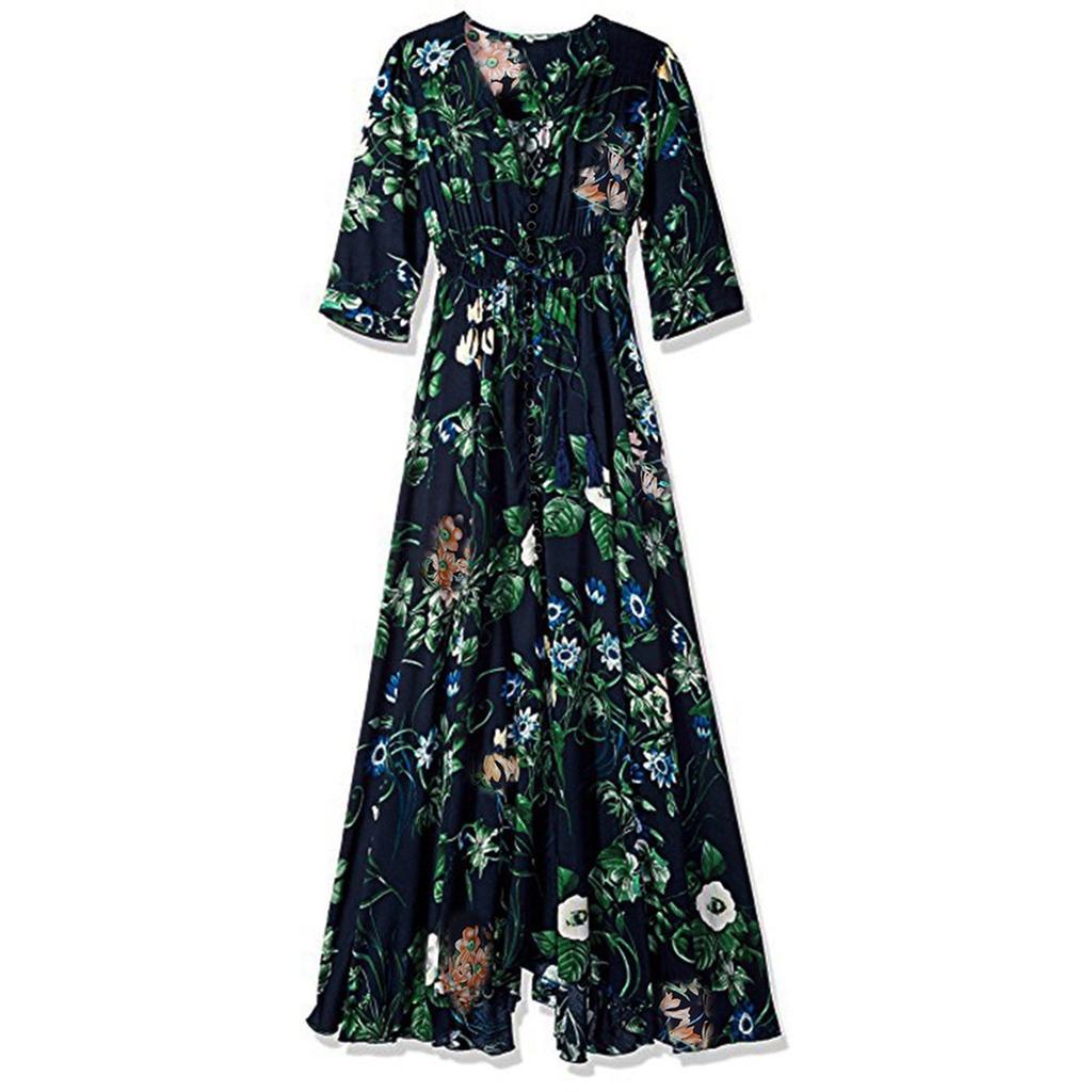 Women Summer Button Up Split Floral Cotton Tassels Flowy Party Maxi Long Dress