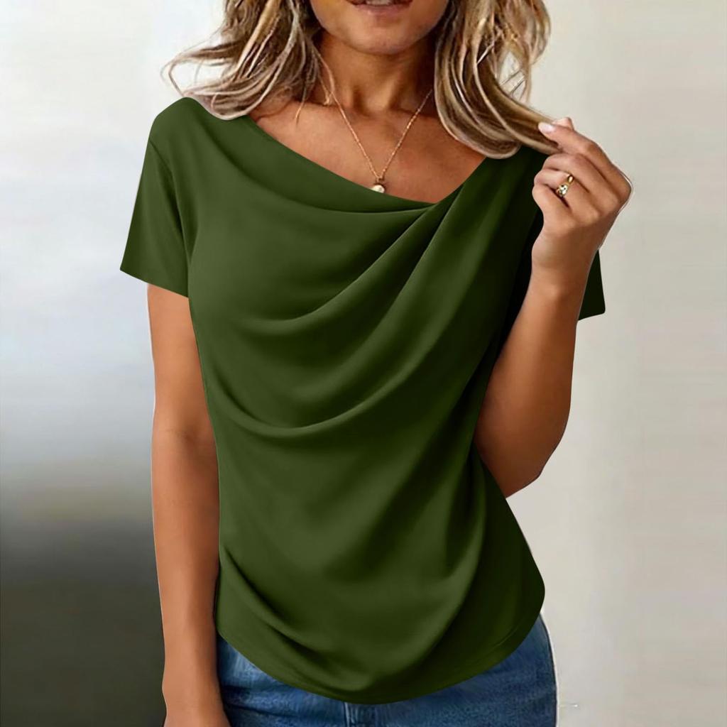 Women's Fashion Off-Shoulder Angled Neckline Short-Sleeve Knit T-Shirt Top
