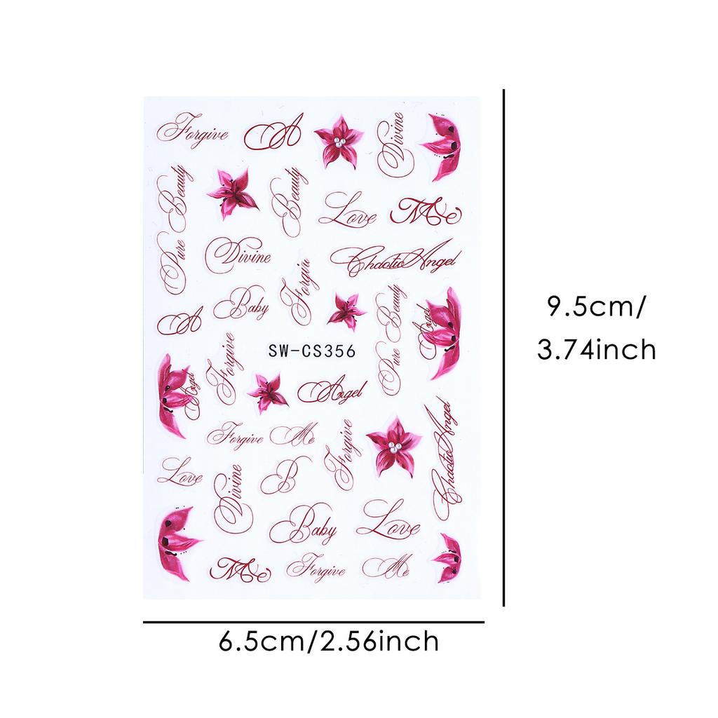 3Pcs Floral Nail Stickers Pink Black Lily Flower Vintage English Letter Nail Art Decals
