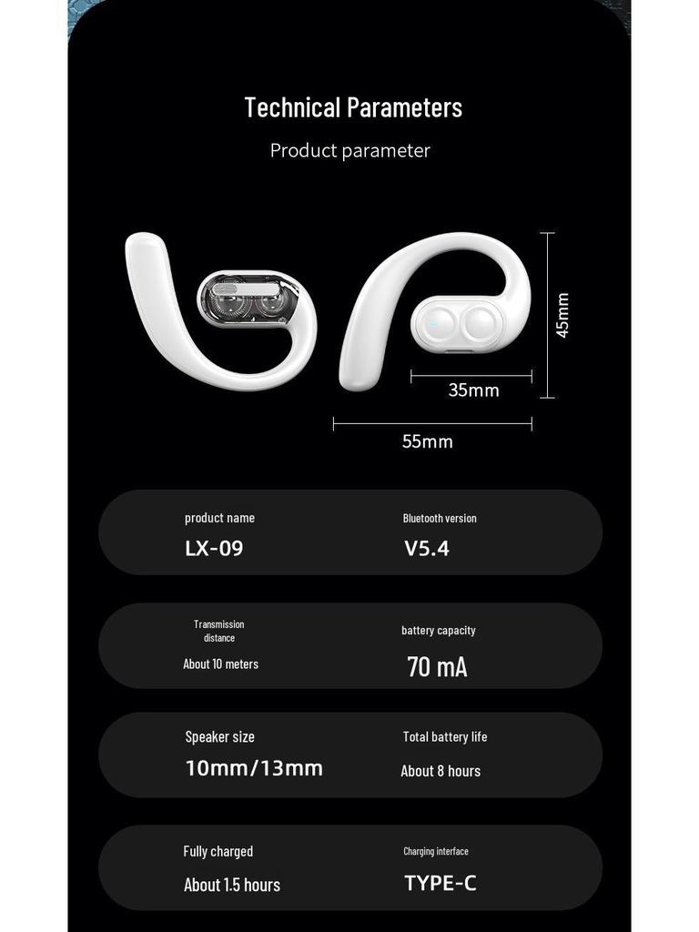 2025 Bluetooth Open-Ear Bone Conduction Wireless Earbuds with Clip-On Dual Speakers & Extended Battery Life