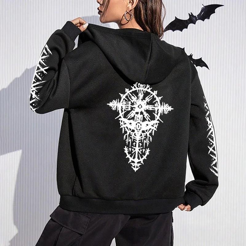 2026 New Arrival Women's Zipper Hoodie Ancient Viking Raven Print Sweatshirt Autumn Winter Casual Fashion Warm Hooded Coats