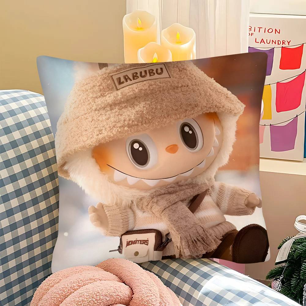 

Popular Doll Cute Little Monster L-Labubu M-Mokoko Pillow Case Square Pillow Bedroom Sofa Leisure Comfort Cushion Car 16x16Inch