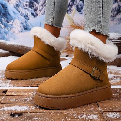 Mode Mode Schnalle Kunstfell Schneestiefel für Damen Warmes Plüschfutter Plateau Winterstiefel Frau Rutschfestes Kunstveloursleder Knöchel Botas Mujer