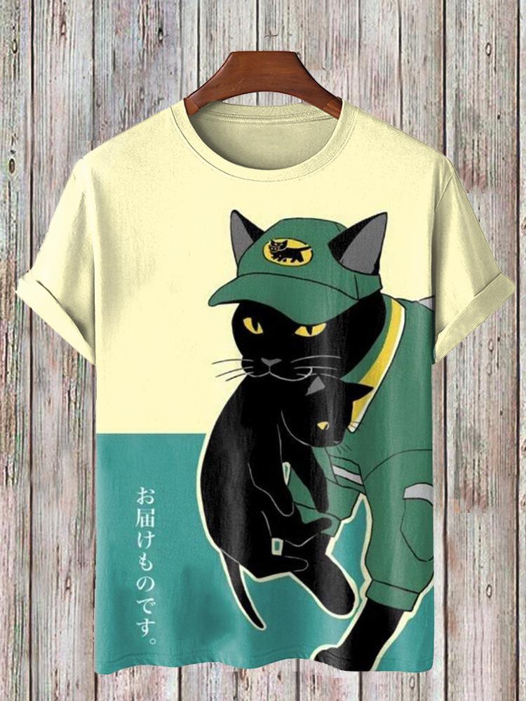 Japanese Ukiyo-e Animal Men's T-shirt with Cute Cat Pattern Print