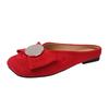Fashion Square Head Shallow Mouth Cow Suede Slippers Summer New Baotou Crystal Buckle Soft Sole Anti-slip Wear-resistant Flat Shoes