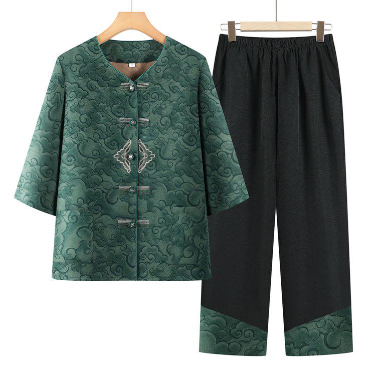 

Retro Cloud Pattern Frog Button Two-Piece Set for Middle-Aged & Elderly Women - Plus Size, Loose & Comfortable XL зелений