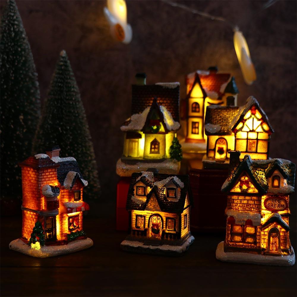 Garden Mini Miniatures Resin Craft Figurine Ornament Christmas Decoration Village House LED Light