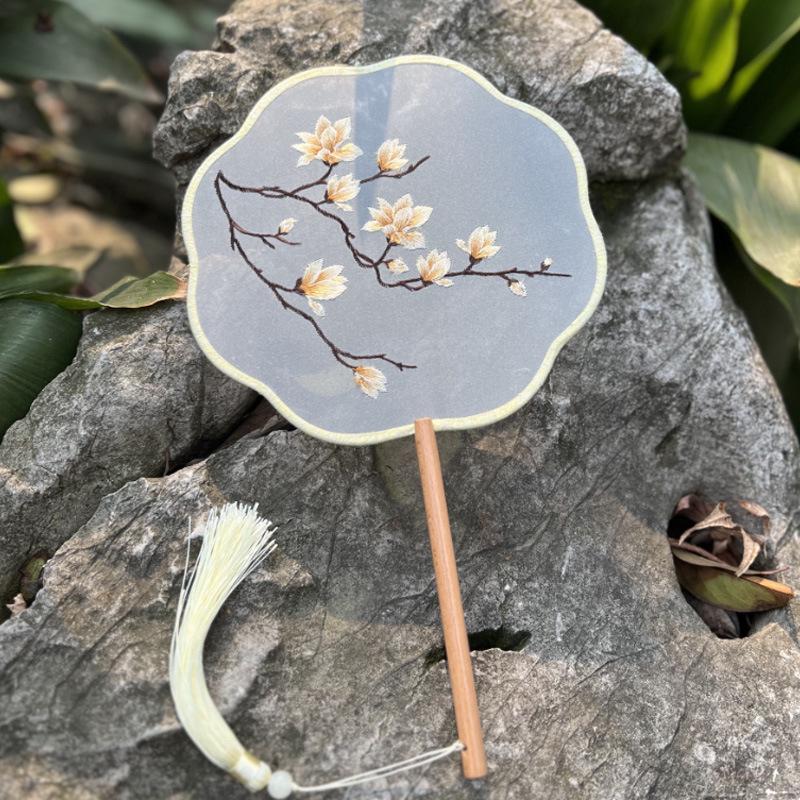 Lingjuan Palace Double-Sided Embroidered Lotus Fan: Beechwood Handle, Classical Chinese Dance Fan
